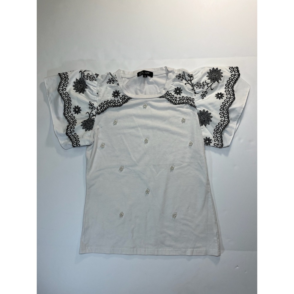 Womens White Pearl Flutter Sleeve Top Floral Embroidered M Coquette Romantic